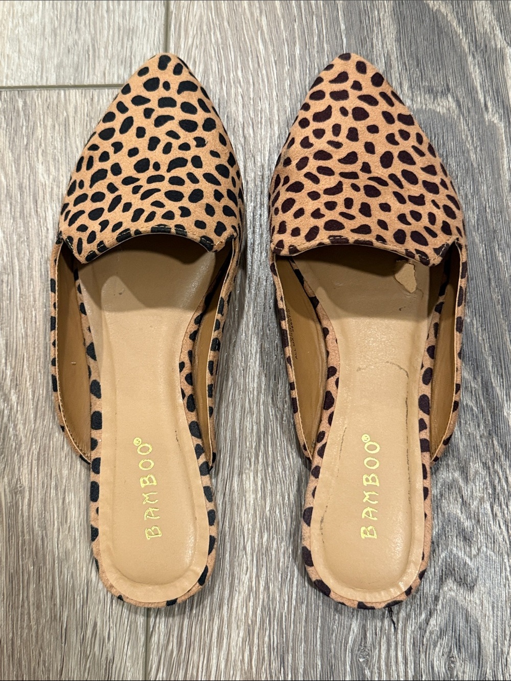 BAMBOO Leopard Print Slip-On Pointed Mules in Tan & Black